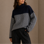 Women's Oversized Herringbone Turtleneck Winter Sweater-Unica Milano