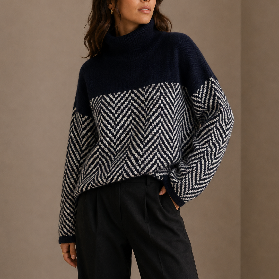 Women's Oversized Herringbone Turtleneck Winter Sweater-Unica Milano