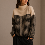 Women's Oversized Herringbone Turtleneck Winter Sweater-Unica Milano