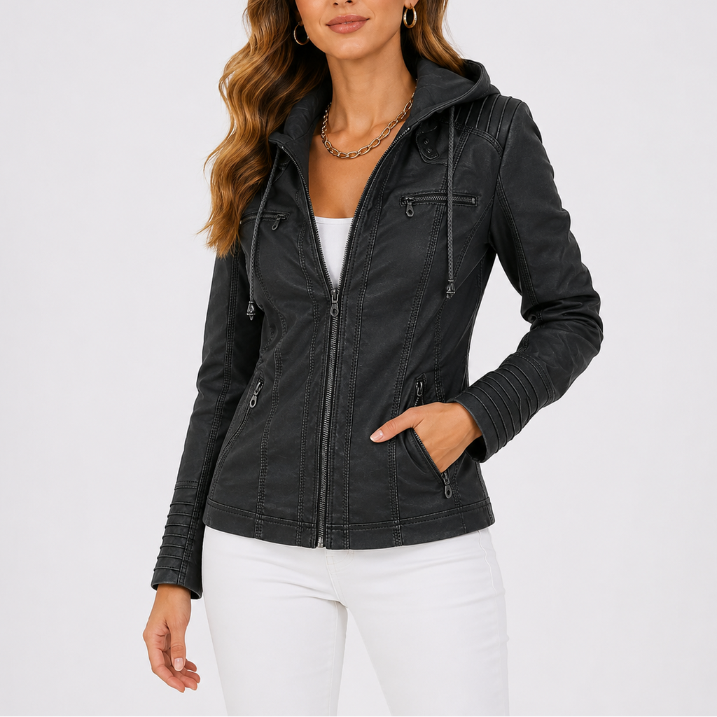 Women's Hooded Faux Leather Jacket with Zippered Pockets-Unica Milano