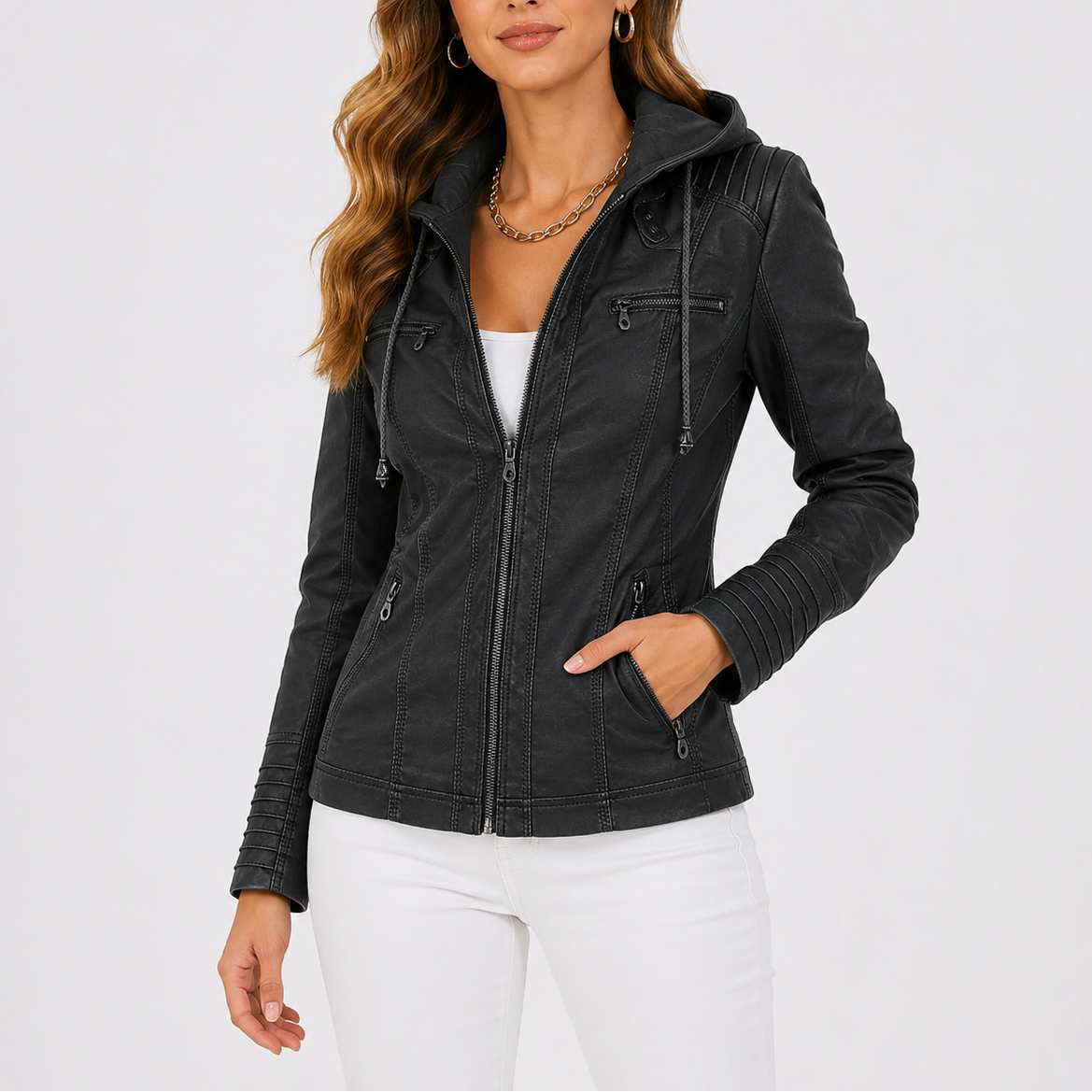 Women's Hooded Faux Leather Jacket with Zippered Pockets-Unica Milano