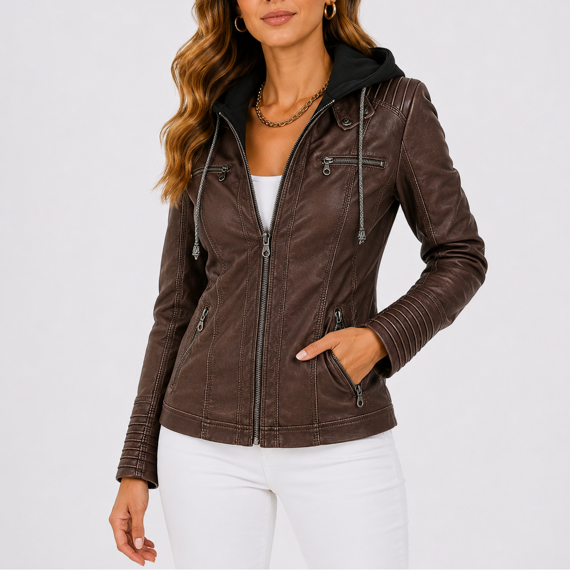 Women's Hooded Faux Leather Jacket with Zippered Pockets-Unica Milano