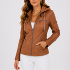Women's Hooded Faux Leather Jacket with Zippered Pockets-Unica Milano