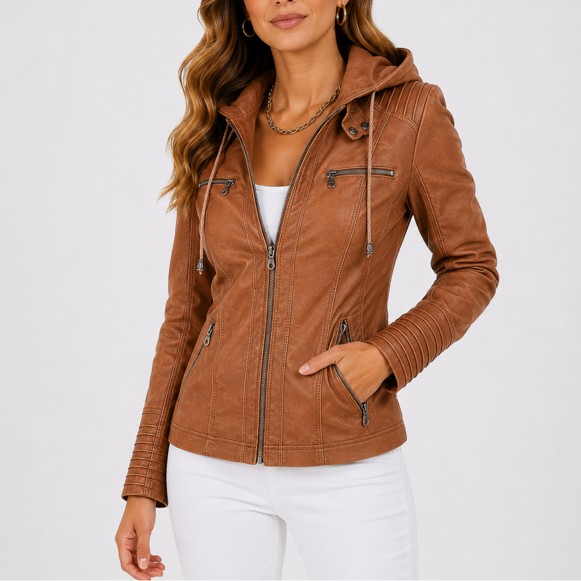 Women's Hooded Faux Leather Jacket with Zippered Pockets-Unica Milano
