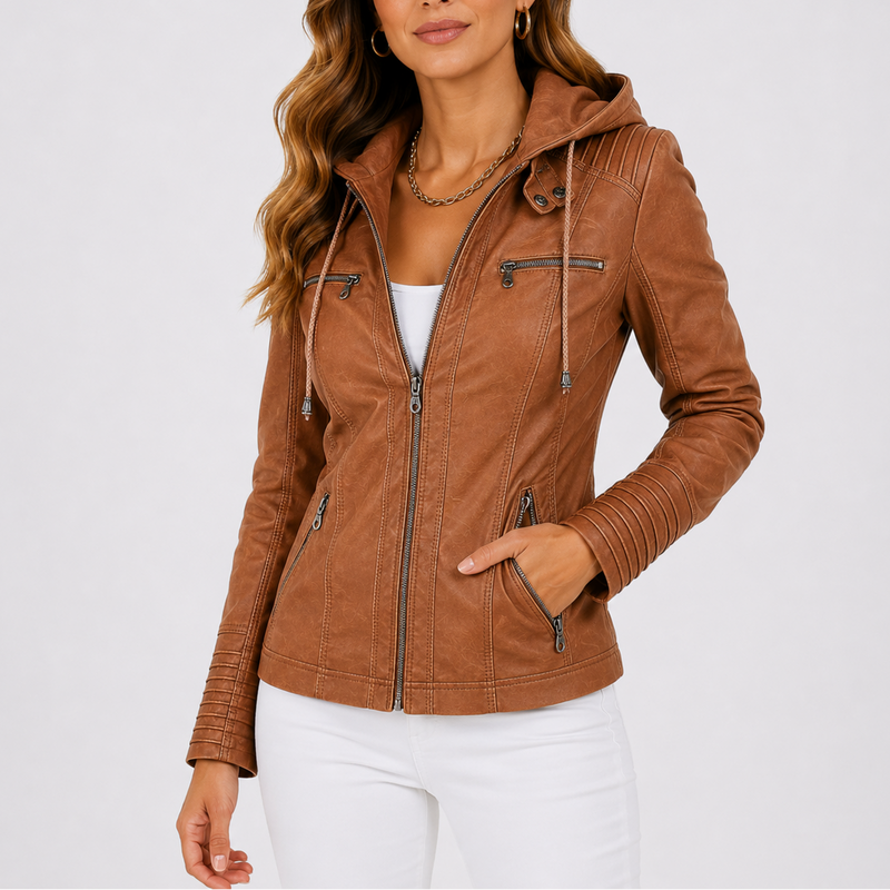 Women's Hooded Faux Leather Jacket with Zippered Pockets-Unica Milano