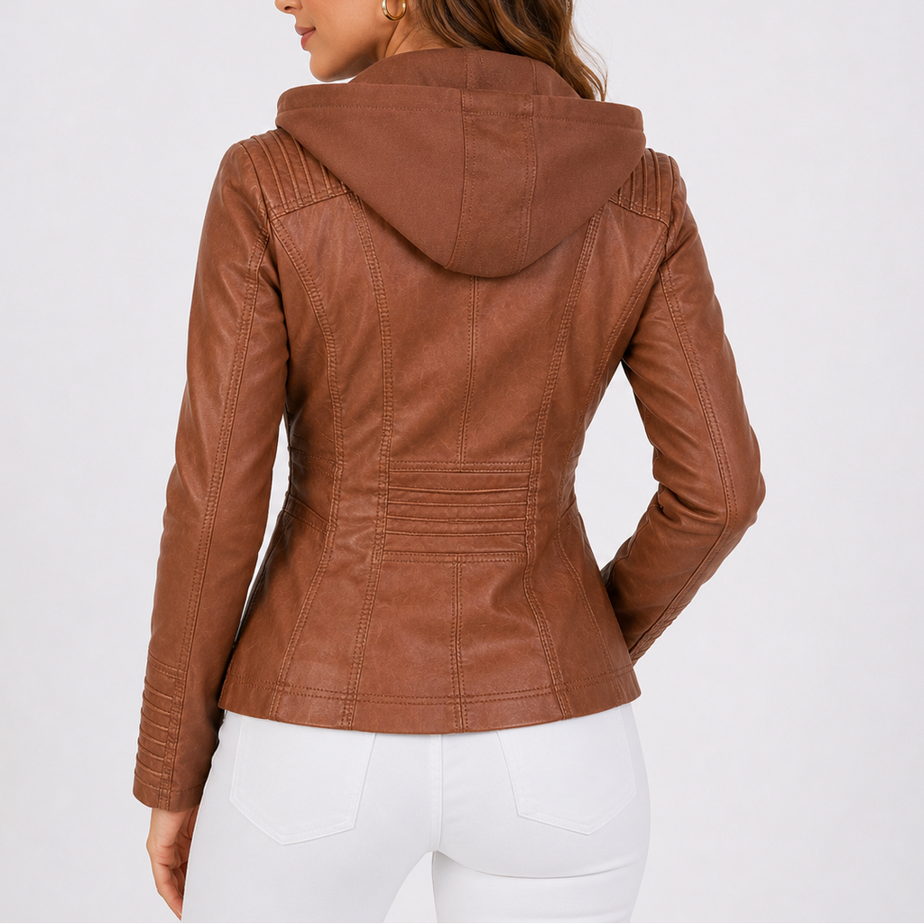 Women's Hooded Faux Leather Jacket with Zippered Pockets-Unica Milano