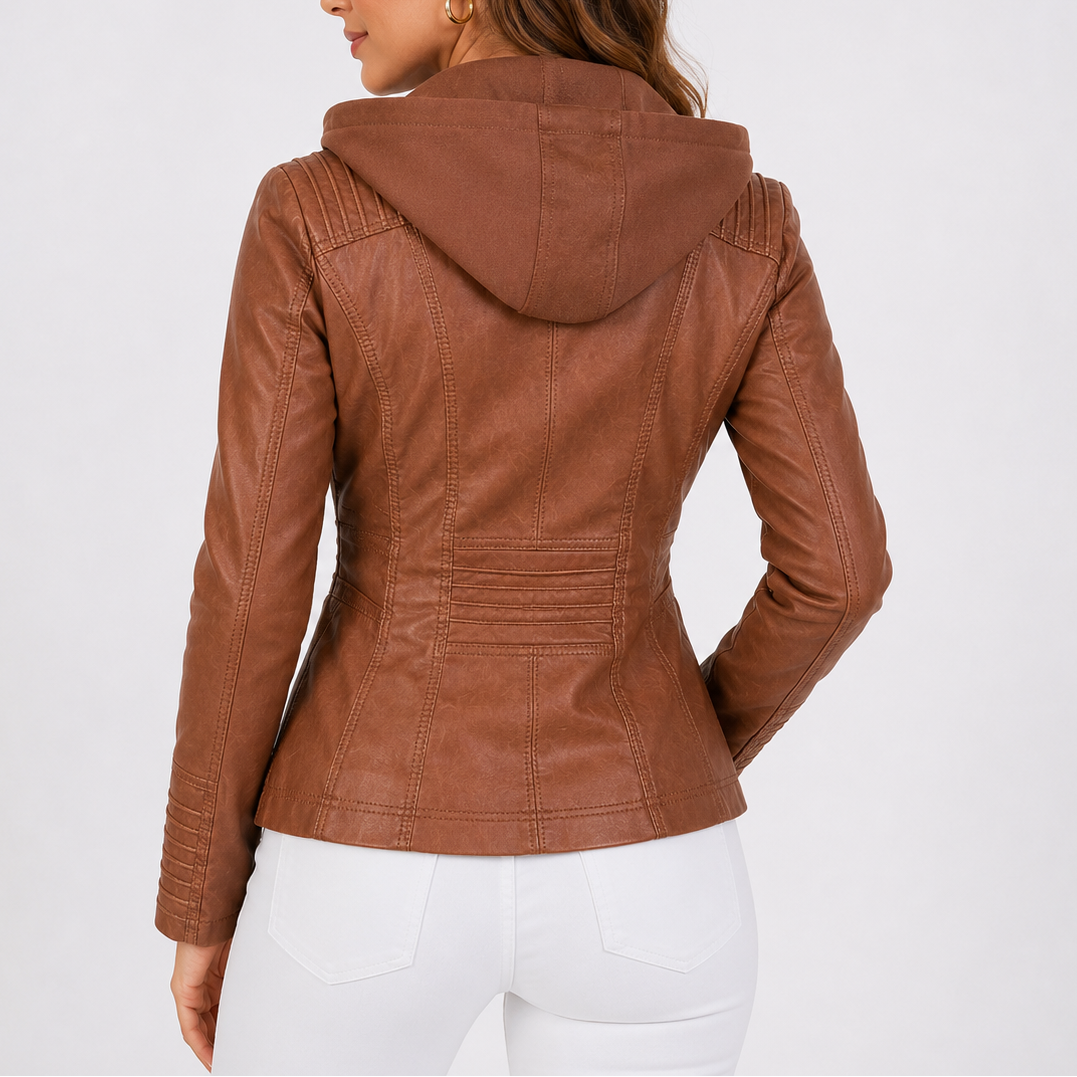 Women's Hooded Faux Leather Jacket with Zippered Pockets-Unica Milano