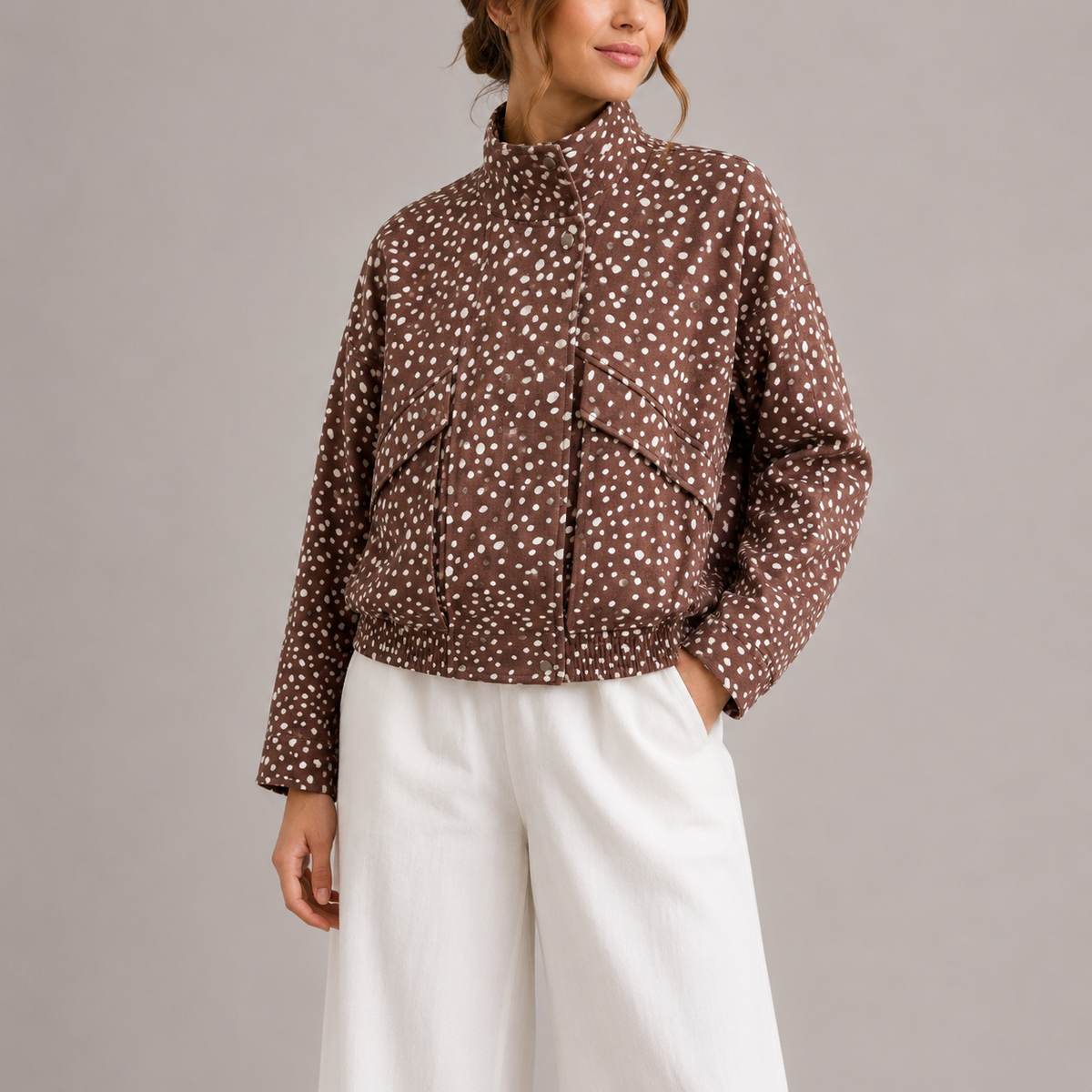 Women's Brown Polka Dot Cropped Bomber Jacket with High Neck Design-Unica Milano