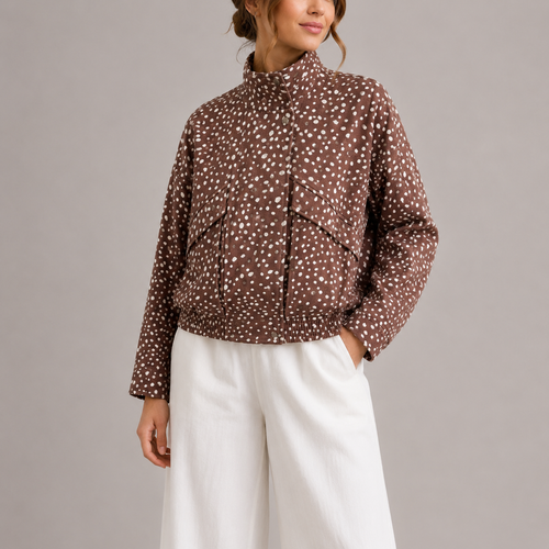 Women's Brown Polka Dot Cropped Bomber Jacket with High Neck Design-Unica Milano