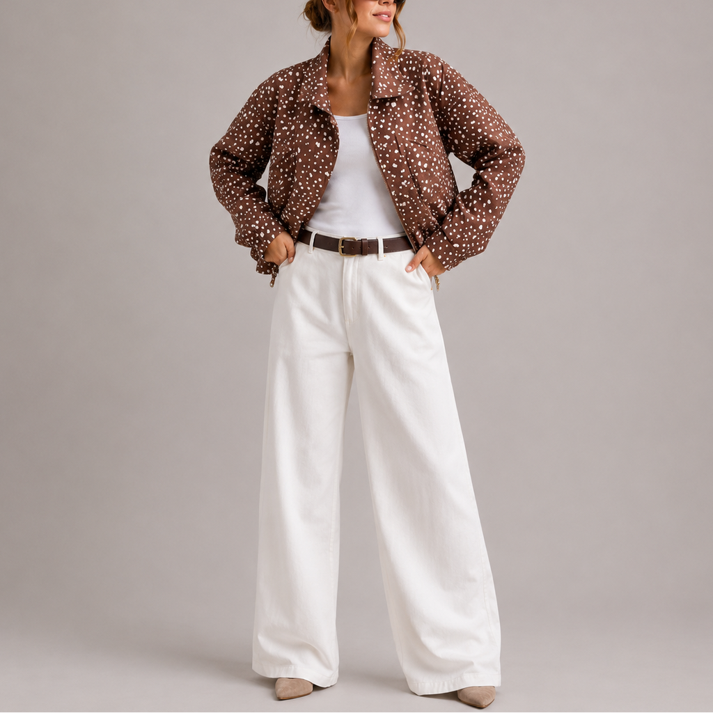 Women's Brown Polka Dot Cropped Bomber Jacket with High Neck Design-Unica Milano