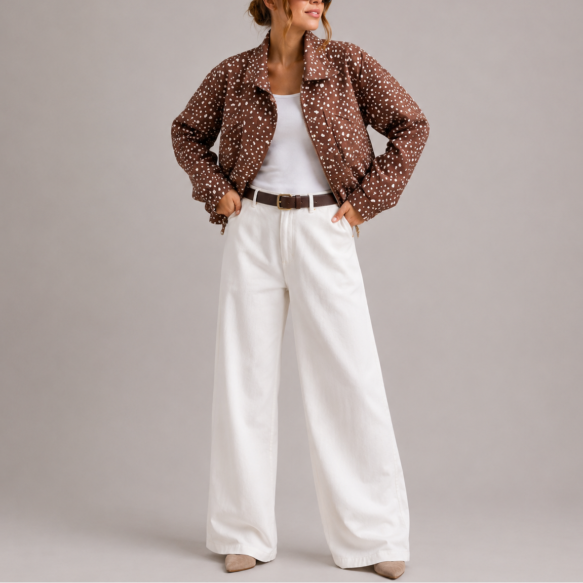 Women's Brown Polka Dot Cropped Bomber Jacket with High Neck Design-Unica Milano