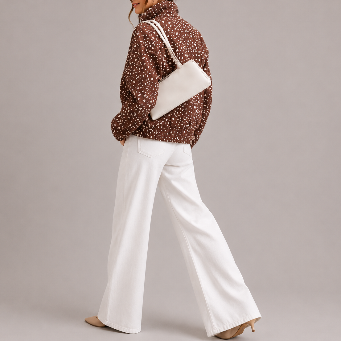 Women's Brown Polka Dot Cropped Bomber Jacket with High Neck Design-Unica Milano