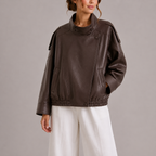 Women's High Collar Faux Leather Bomber Jacket-Unica Milano