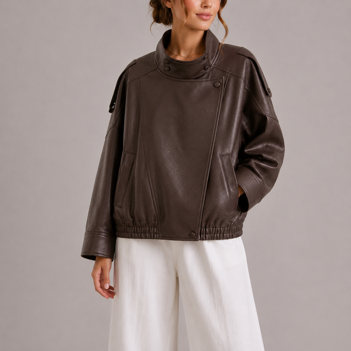 Women's High Collar Faux Leather Bomber Jacket-Unica Milano