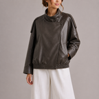Women's High Collar Faux Leather Bomber Jacket-Unica Milano