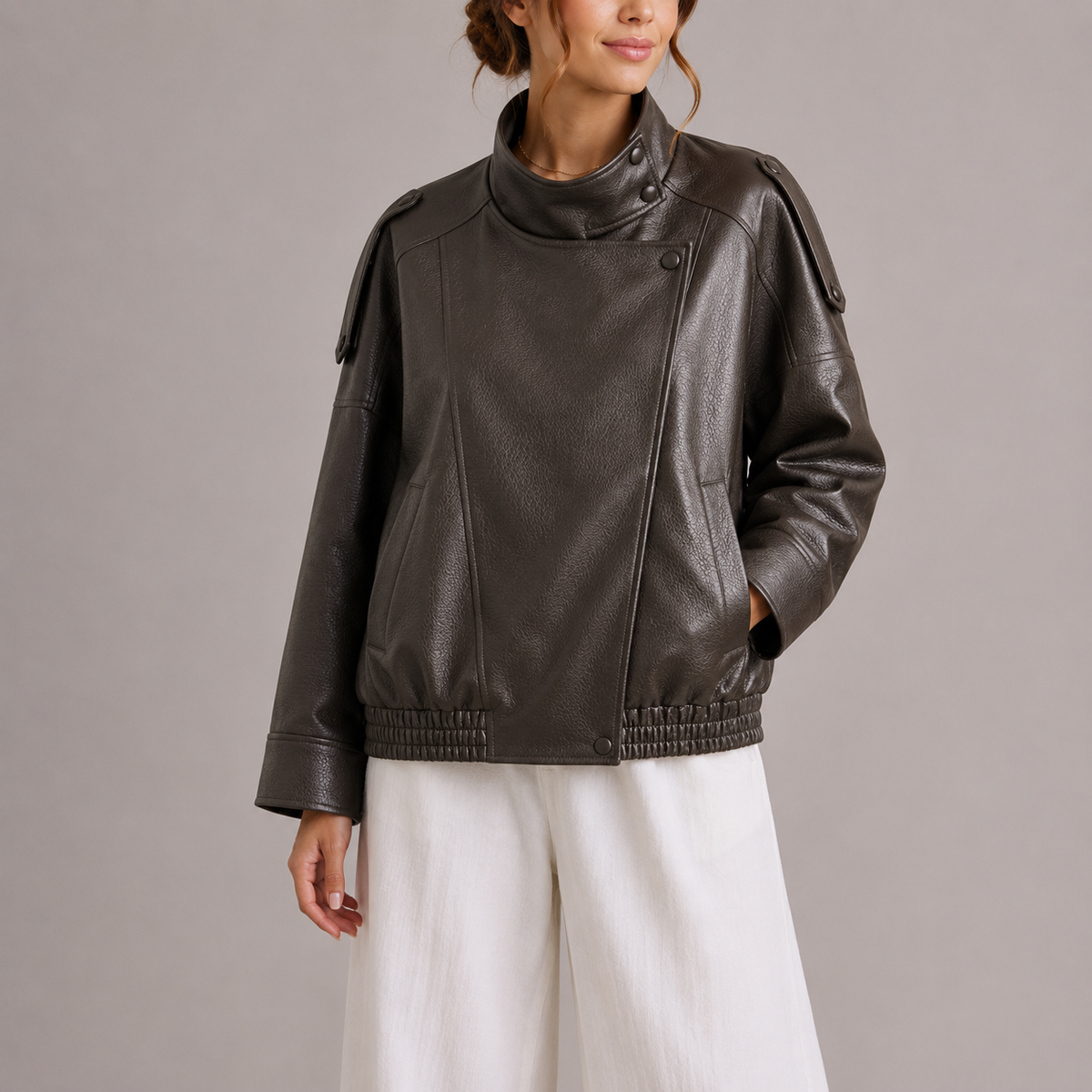 Women's High Collar Faux Leather Bomber Jacket-Unica Milano