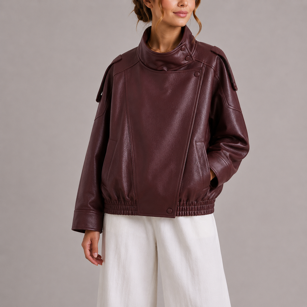 Women's High Collar Faux Leather Bomber Jacket-Unica Milano