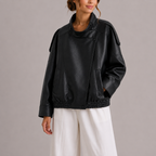 Women's High Collar Faux Leather Bomber Jacket-Unica Milano